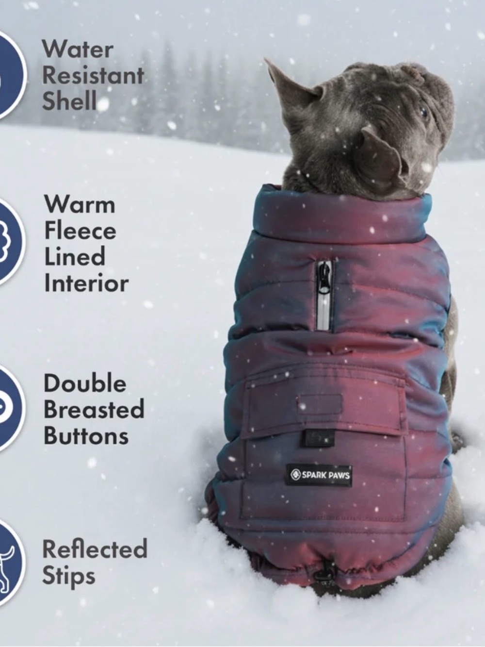 Spark Paws Water-Resistant Fleece-Lined Dog Jacket in Purple Blue